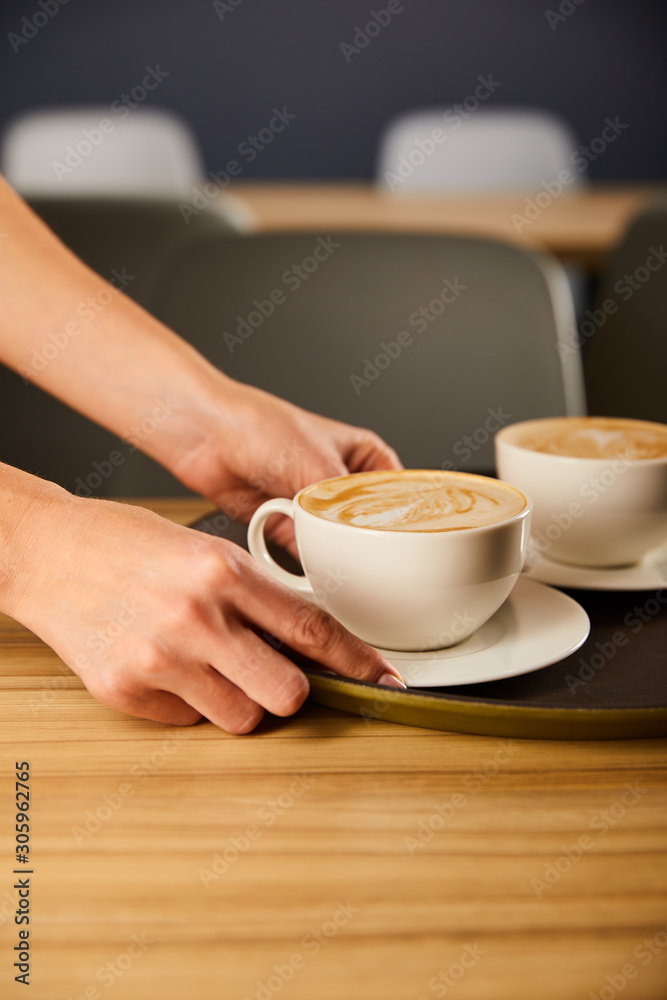 cropped view of woman holding saucer with cup of cappuccino