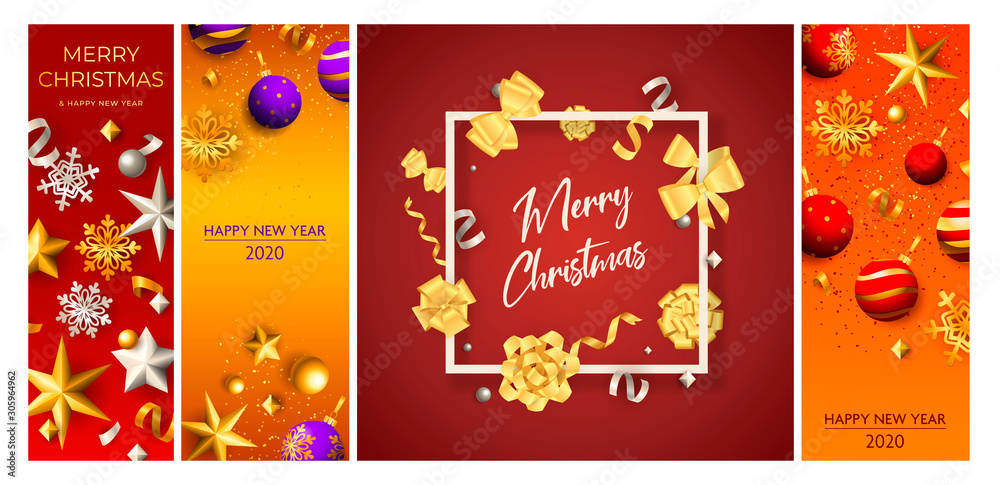 Christmas postcard set with frame, baubles, snowflakes, confetti, streamer, ribbons, bows. Vector illustration for festive posters, greeting cards, vertical banner design Christmas postcard set with frame, baubles, snowflakes, confetti, streamer, ribbons, bows. Vector illustration for festive posters, greeting cards, vertical banner design