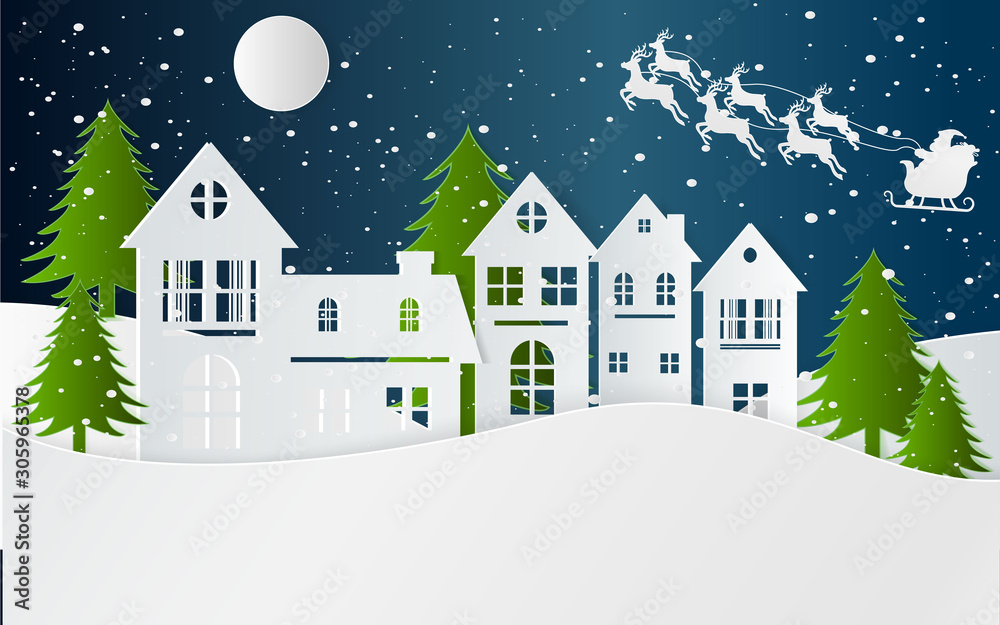 Fototapeta premium Winter Snow Urban Countryside Landscape City Village with full moon,Happy new year and Merry christmas,paper art and digital craft style