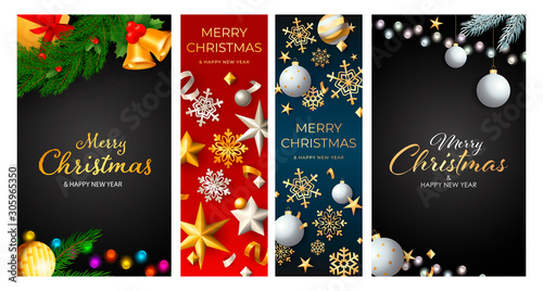 Christmas postcard set with strings of lights and baubles, bells, snowflakes, confetti, fir tree branches. Vector illustration for festive posters, greeting cards, vertical banner design