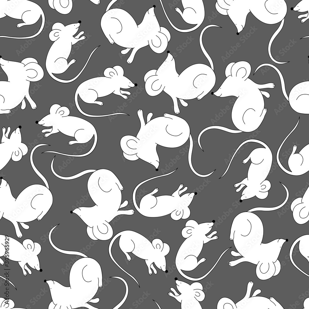 Childish seamless pattern cute animal mouse on grey background. Vector illustration for kids. Pattern for posters, postcards, fabric or wrapping paper.