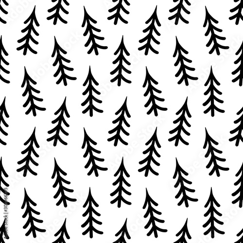Fir scandinavian hand drawn seamless pattern. Ink doodle winter, holidays texture with tree silhouette for print, paper, design, fabric, decor, gift wrap, background. Vector illustration