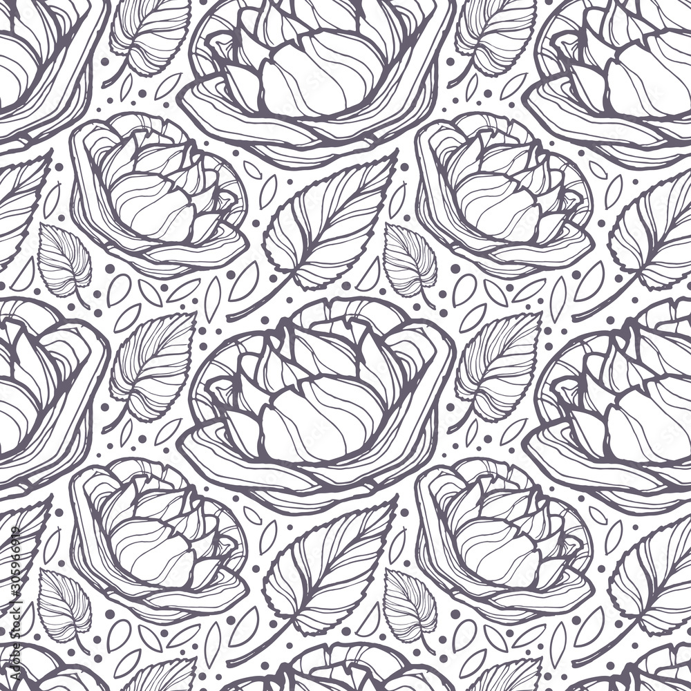 Obraz premium Vector image of transparent buds of roses, their leaves and specks on a light background. Seamless background for the design of wallpaper, textile and wrapping paper.