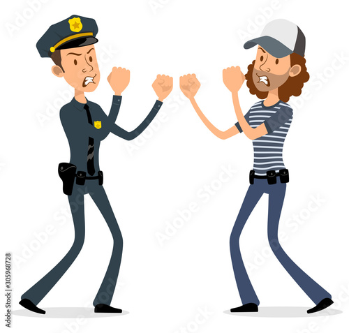 Cartoon flat cute funny police officer in black uniform fighting with angry thief. Isolated on white background. Vector icon.