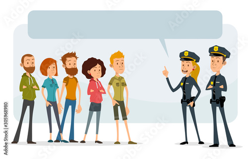 Cartoon flat cute funny handsome police officers in uniform talking with hipster teen boys and girls characters. Isolated on white background. Empty space for text. Vector icon.