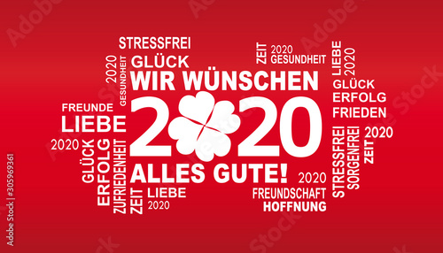 2020 - gute wünsche mit glücksklee in rot und wiess