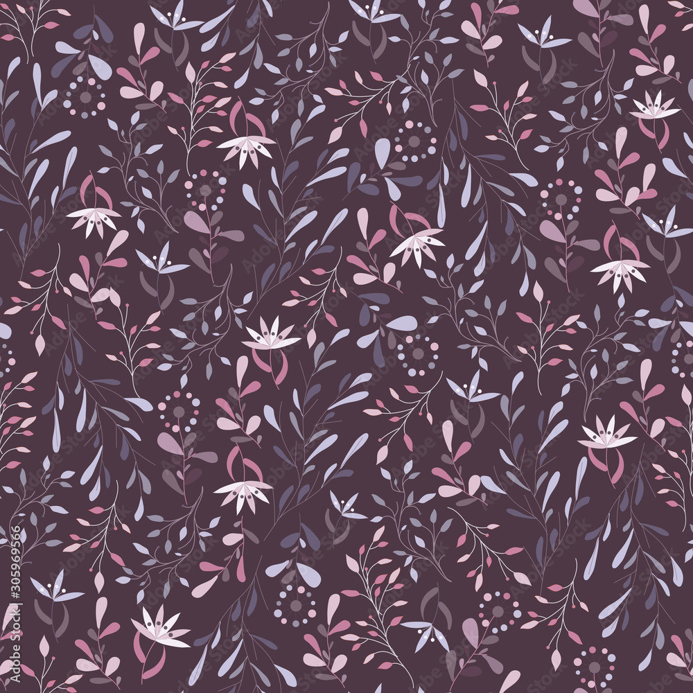 Obraz premium Textile floral pattern. Seamless vector texture with small flowers on a burgundy background in Scandinavian style.
