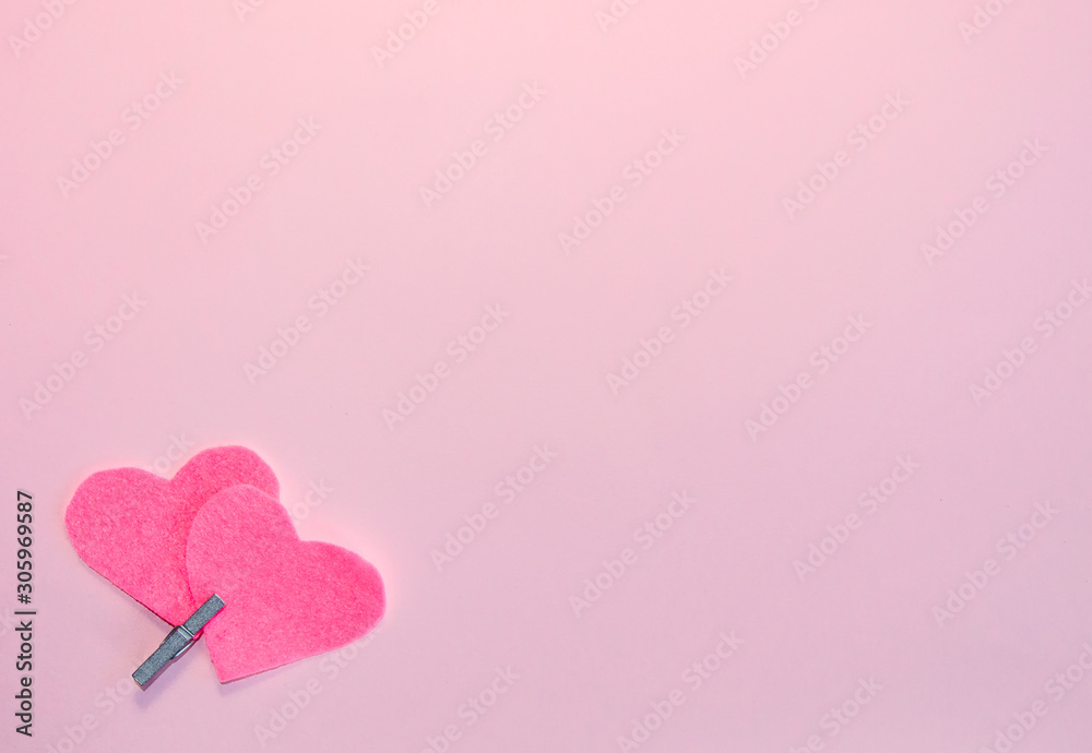 Pink felt hearts on a pink background. Happy Valentine. Flat lay. Pink felt hearts on a pink background. Happy Valentine. Flat lay.