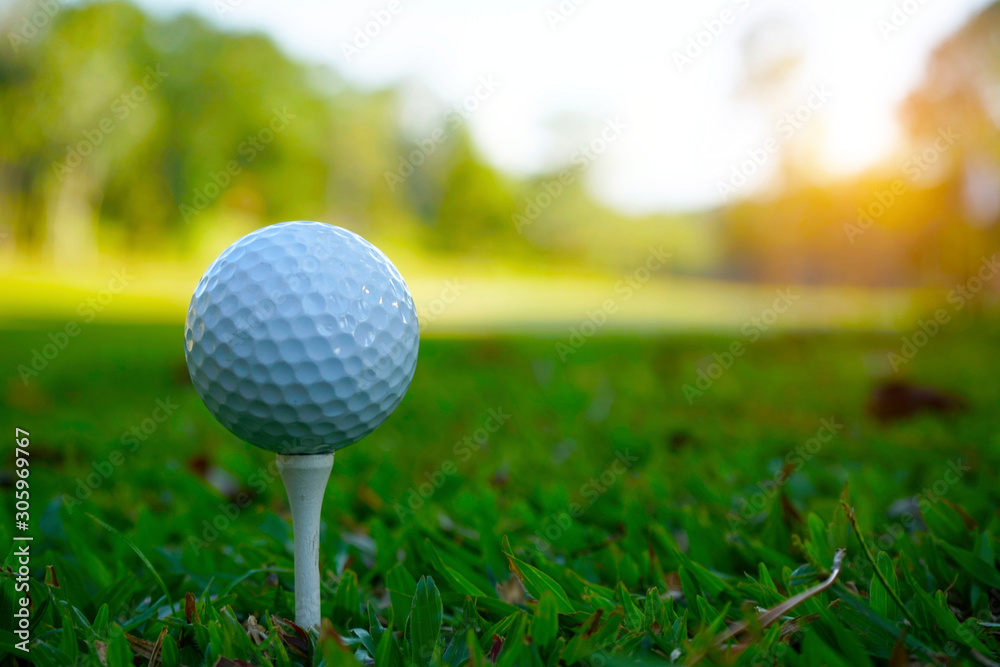 golf ball on green in the evening golf course with sunshine. golf ball on green in the evening golf course with sunshine.