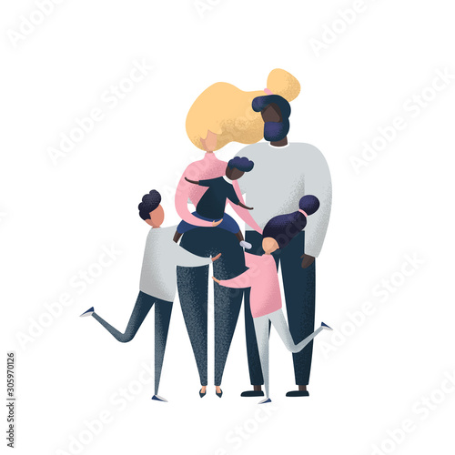Adoption vector illustration. Big international family with adopted child's Isolated on a white background. Multinational families.