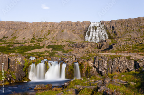 Massive waterfall complex in the mountains, river waterfalls, Dynjandi Iceland