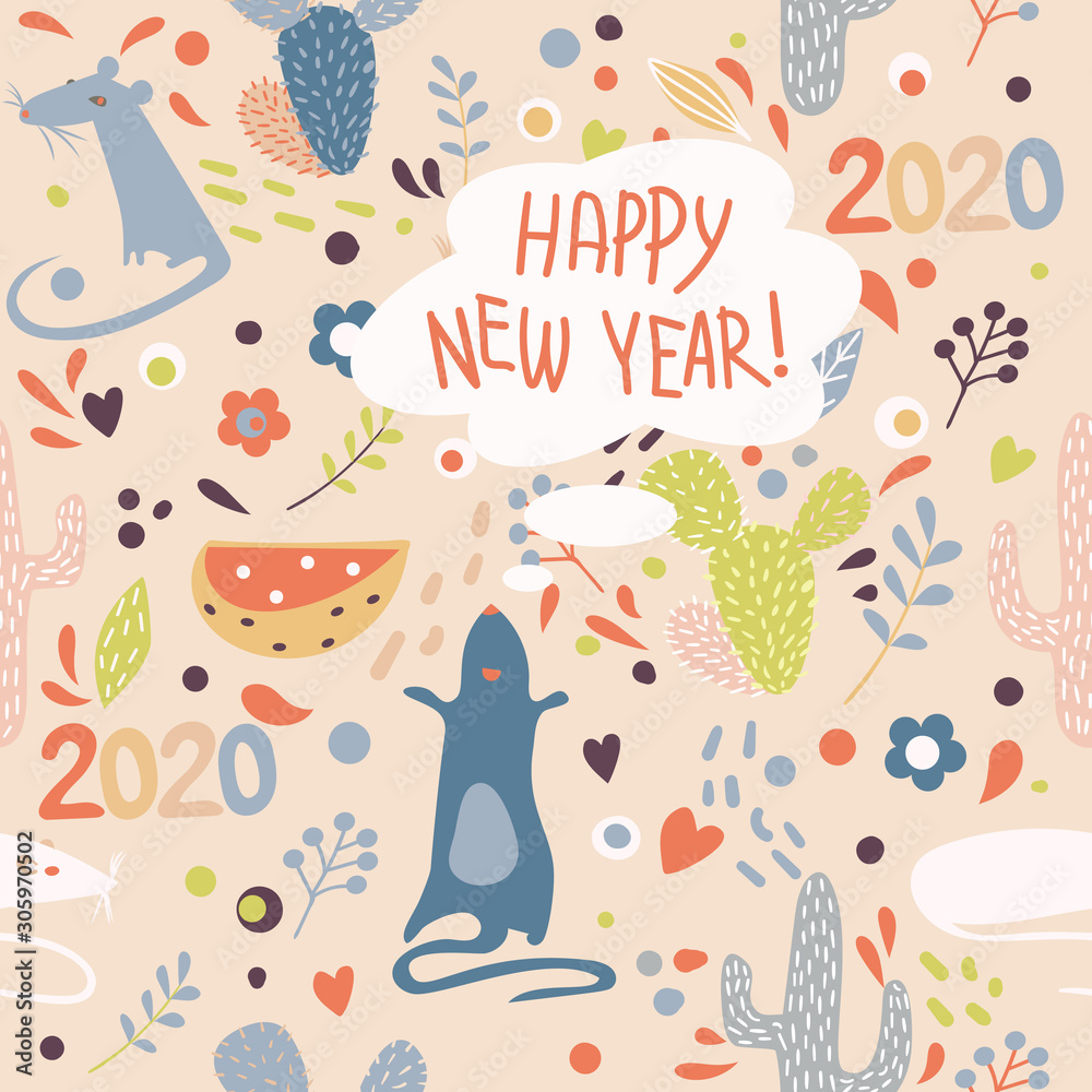 Φωτογραφία Vector image of a variety of mice, cacti, flowers and footprints with the English words Happy New Year in the Scandinavian style