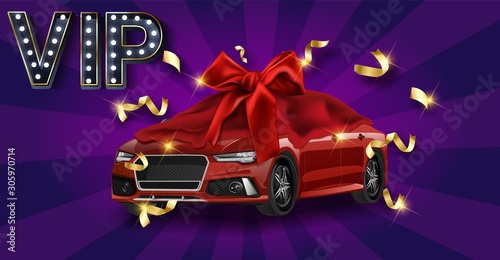 New car presentation, red automobile lottery prize, expensive gift 3d realistic vector concept. Passenger car covered red satin, silk veil with ribbon bow, illuminated stage searchlights illustration