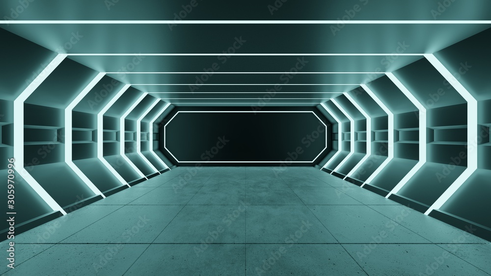 Obraz premium Fluorescent Lights Abstract Grunge Concrete Tunnel Room Sci Fi Futuristic Stage Empty Night Background 3D Rendering Illustration