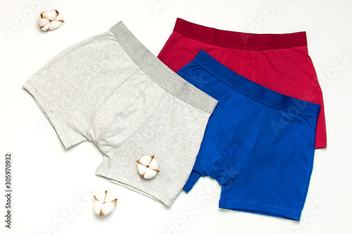 Men's underwear, set of multi-colored underpants and cotton flowers on white background flat lay top view copy space. Fashion blog, natural underwear, advertising, shopping concept. Pants boxers