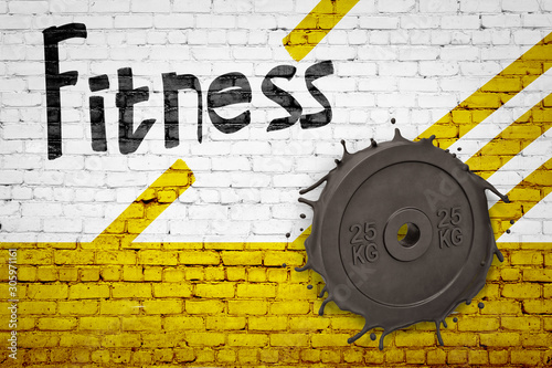 3d rendering of white brick wall, half-painted yellow, with title 'Fitness', and 25KG weight plate smashed into it. photo