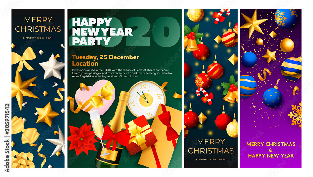 Happy New Year party green banner with champagne. Lettering text with decorations can be used for invitation and greeting card. Holiday concept