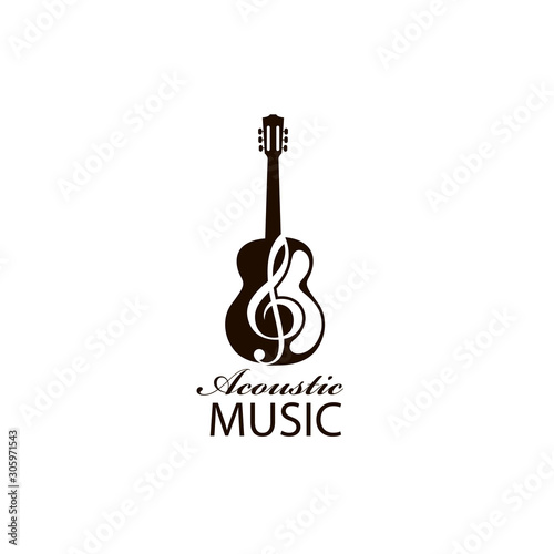 emblem with guitar for acoustic music concert isolated on white background