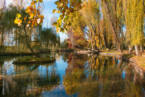 Idyllic view of autumn lake in the umbria region, Italy