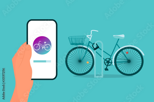 Hand is holding smart phone with bicycle sharing app loading on screen. Blue background. Flat style stock vector.