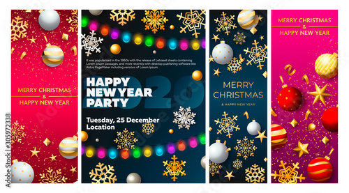 Happy New Year party poster with festive garland. Lettering text with decorations can be used for invitation and greeting card. Holiday concept