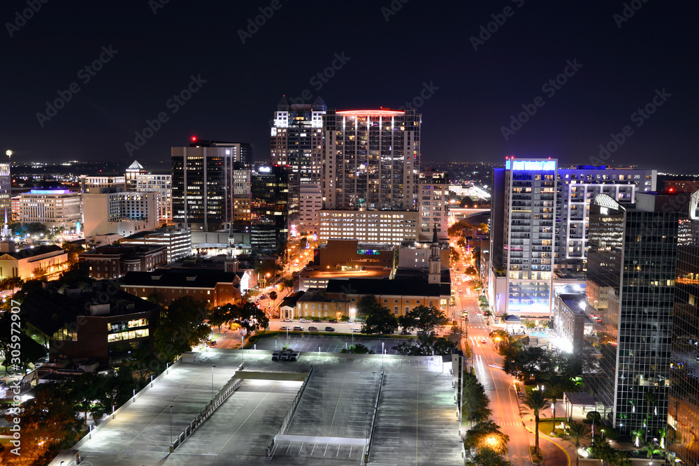 Fototapeta premium Downtown Orlando and Parking Lot at Night