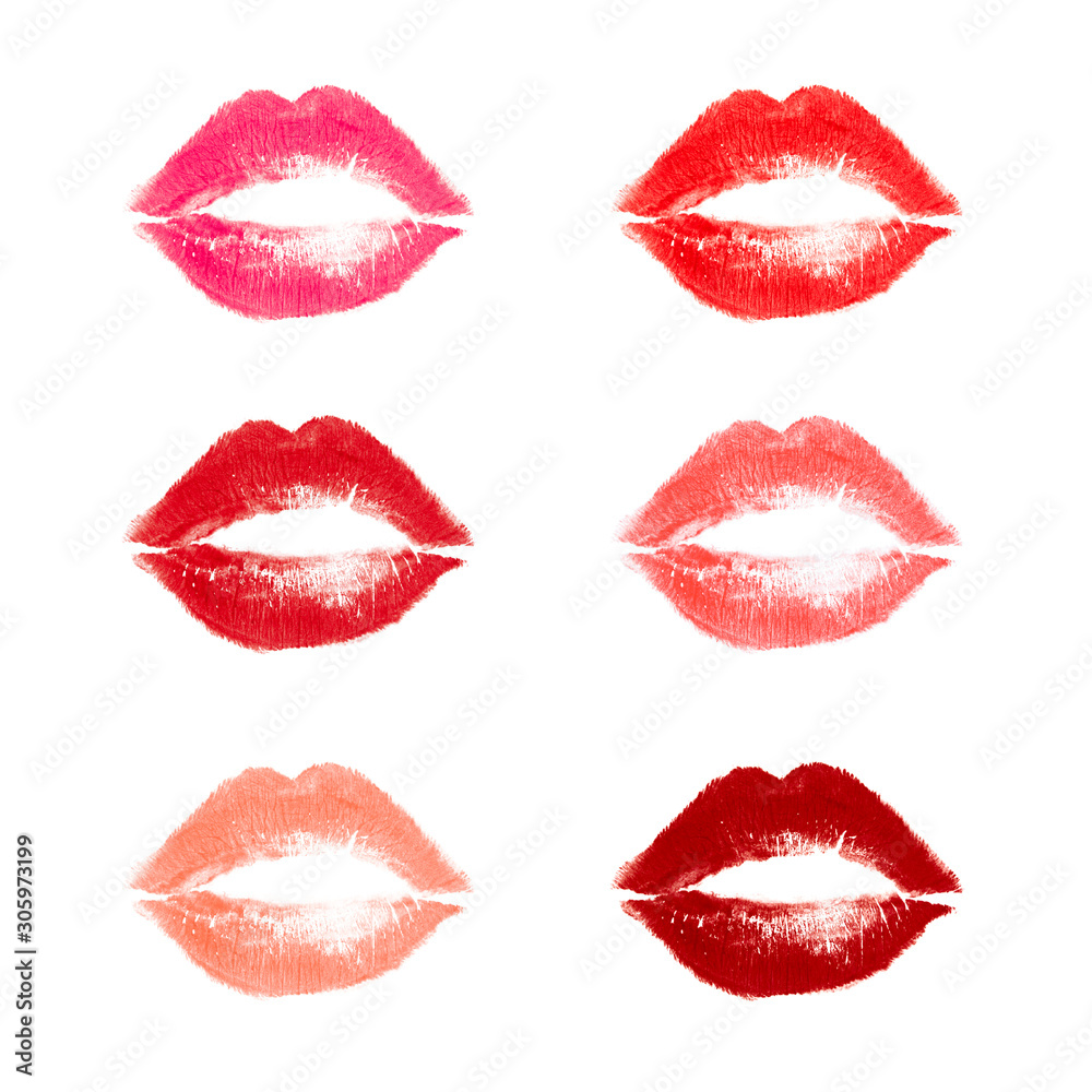 Naklejka premium Six print of beautiful lips with shades of red lipstick isolated on white. Concept of kiss, love and passion. Lipstick smear.