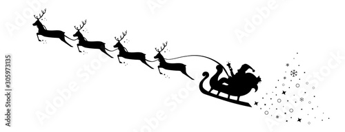 Christmas Sleigh Santa fly in sky. Silhouette reindeer and sleigh Santa. Vector illustration