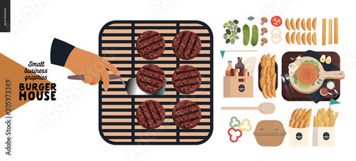 Burger house -small business graphics - process and food-modern flat vector concept illustrations -burgers grill, cheeseburger, French fries, lemonade, condiments, eggs, bacon, cutlery, cutting board