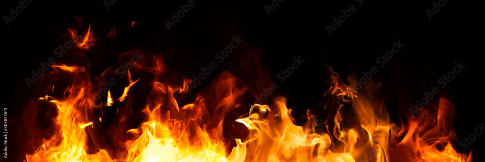 Panorama Fire flames on black background. - obrazy, fototapety, plakaty 