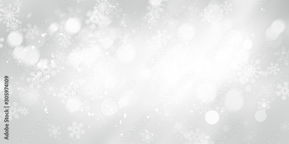 white and gray Christmas light with snowflake bokeh background, Winter backdrop wallpaper. white and gray Christmas light with snowflake bokeh background, Winter backdrop wallpaper.