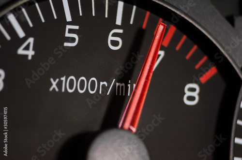Close-up shot of the tachometer in the car. Car dashboard.
