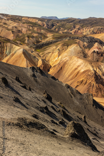 Rocky yellow hills. Colorful mountains and valley  Yellow orange and red  Landmannalaugar  Iceland