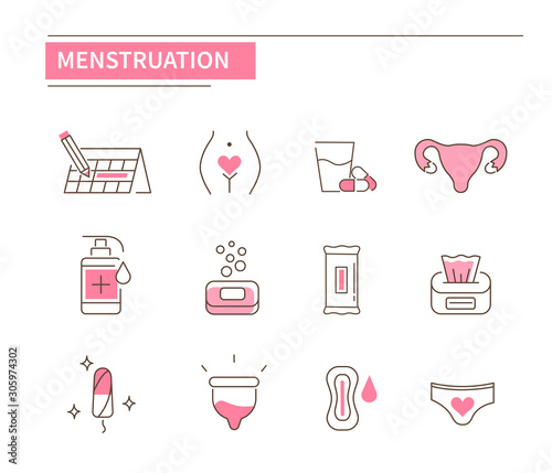 Woman Menstruation Cycle Icons Collection. Gynecological hygiene Products. Pad, Menstrual Cup, Tampons. Feminine Intimate Hygiene for Period. Flat Line Cartoon Vector Illustration.