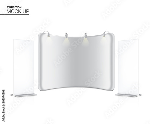 3D Mock up Realistic Exhibition Booth Backdrop and Banner Roll up for event on White Background Illustration