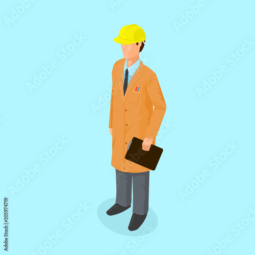 Isometric male engineer technician with chart vector icon illustration