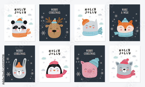 Merry Christmas and Happy New Year poster collection with cute animals