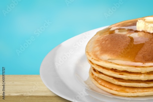 Stack of delicious pancakes, homemade breakfast concept