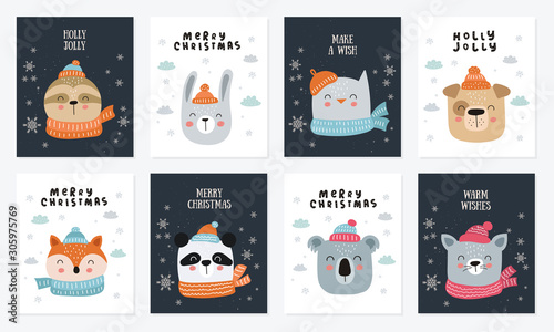 Merry Christmas and Happy New Year poster collection with cute animals