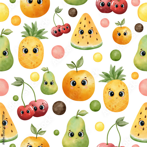 Pattern with pineapple, avocado, orange and cherry isolated on a white background. kawaii fruit pattern.