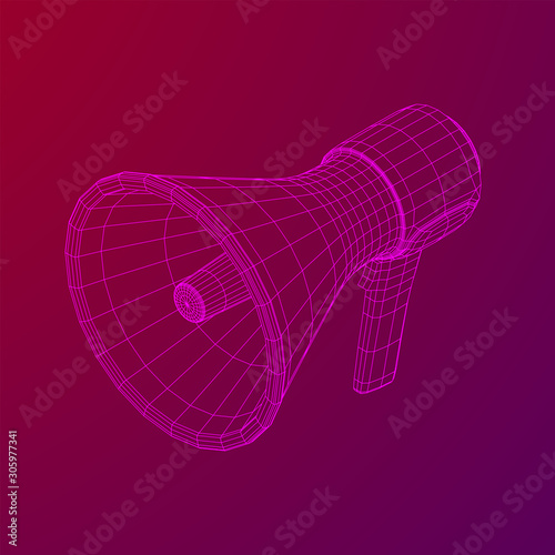 Megaphone or bullhorn for amplifying voice for protests rallies or public speaking. Wireframe low poly mesh vector illustration