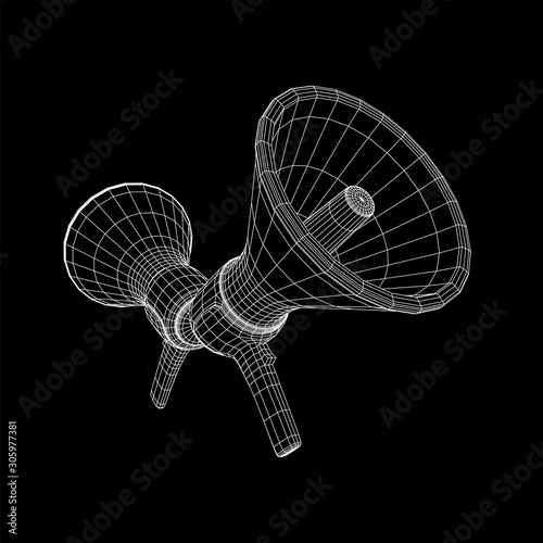 Megaphone or bullhorn for amplifying voice for protests rallies or public speaking. Wireframe low poly mesh vector illustration