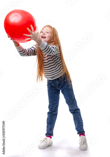 red-haired little girl with a red balloon
