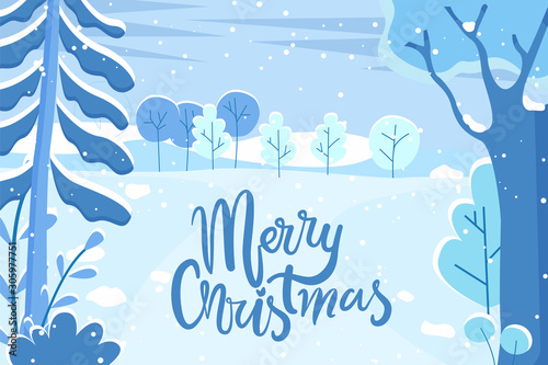 Merry Christmas postcard with snowy fir-trees and hills outdoor. Greeting holiday card with spruce and snowflakes in blue color. New Year festive poster with spruce and snowfalling weather vector