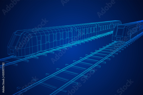 Modern high speed train on straight rails. Railway wireframe low poly mesh vector illustration