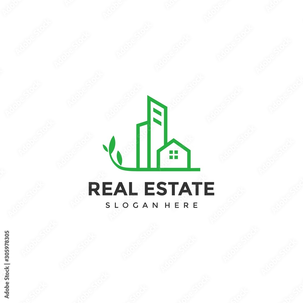 Real Estate Logo. Creative real estate icon with green leafs