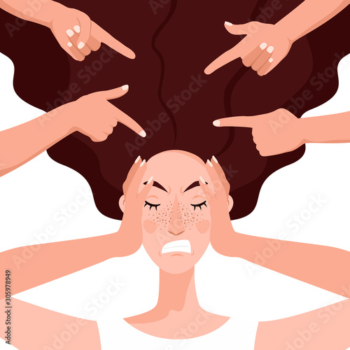 Woman pressed her hands to her ears so as not to hear other people's evil words. She is surrounded by people who point to her with the index finger. The concept of public humiliation, insult, cruelty.