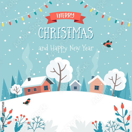 Christmas greeting card with cute landscape. Cute vector illustration in flat style