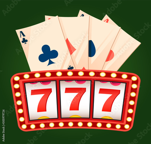 777 icons and deck of ace playing cards on green color. Roulette signboard with lightbulb, gambling entertainment, label of casino, business success vector