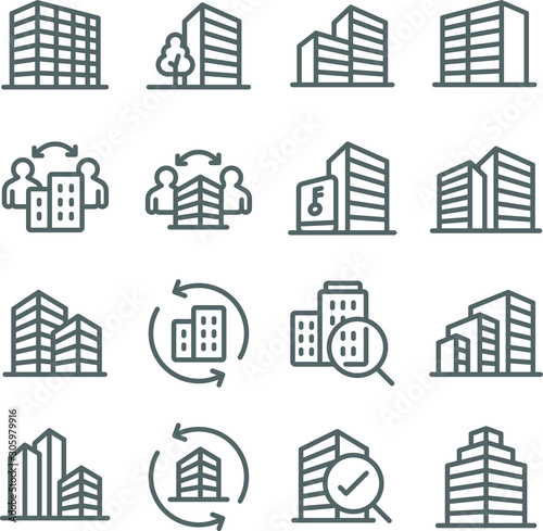 Property Building and Accommodation icons set vector illustration. Contains such icon as Apartment, Residential, Real Estate, Hotel and more. Expanded Stroke